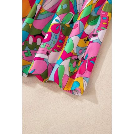 Pink Abstract Printed Lantern Sleeve Buttoned Mini Dress