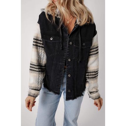 Black Plaid Sleeve Frayed Hem Hooded Denim Jacket