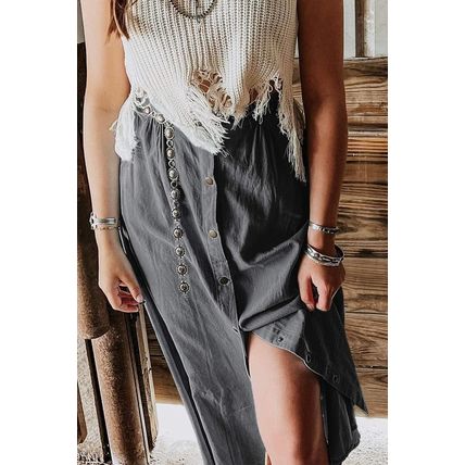 Dark Grey Fully Buttoned Long Denim Skirt
