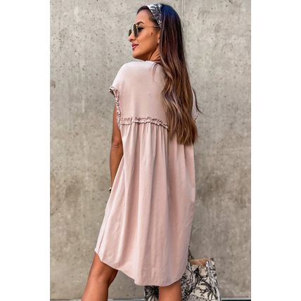 Oatmeal Frilled Trim Crew Neck Loose Fit Mini Dress