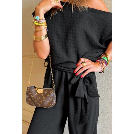 Black Checkered Mesh One Shoulder Short Sleeve Knotted Waist Jumpsuit