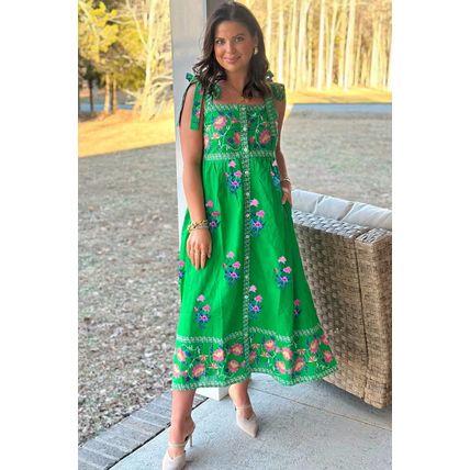 Green Floral Print Contrast Trim Knotted Straps Midi Dress