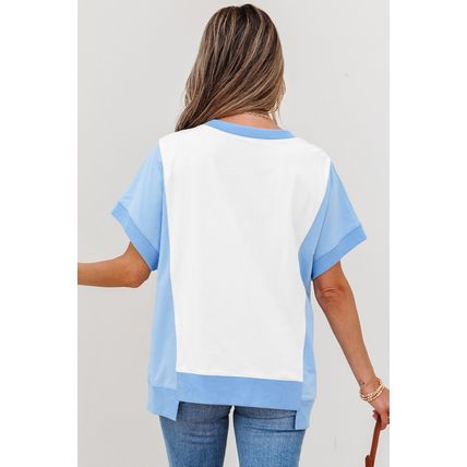 Sky Blue Patriotic Star Patched Colorblock T Shirt