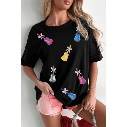 Black Sequined Bow Guitar Country Music Festival Casual Tee