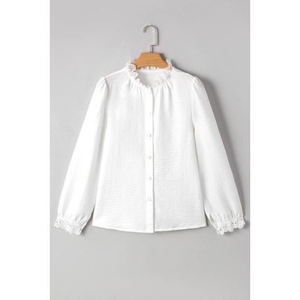 White Lace Patchwork Buttoned Stand Neck Loose Shirt