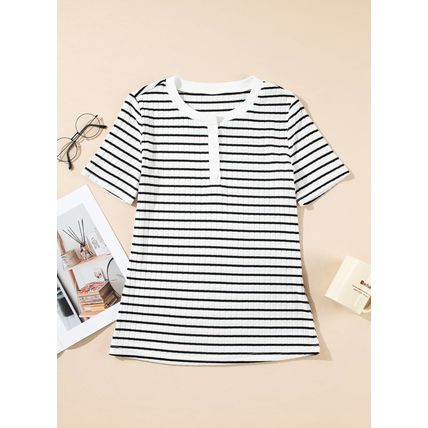 White Stripe Textured Short Sleeve Buttoned Henley Top