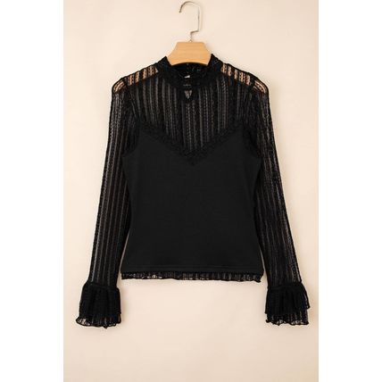 Black Lace Patchwork Flounce Sleeve Slim Fit Top