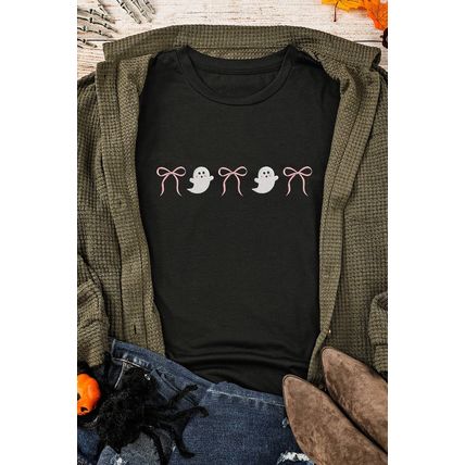 Black Halloween Ghost Bow Embroidered Loose T Shirt