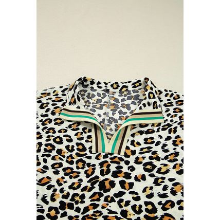 Khaki Leopard Print Contrast Striped V Neck Blouse