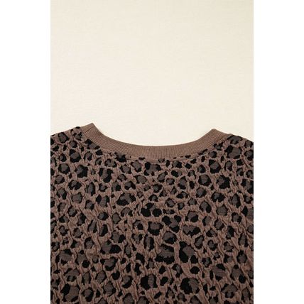 Brown Ribbed Trim Leopard Print Long Sleeve Top