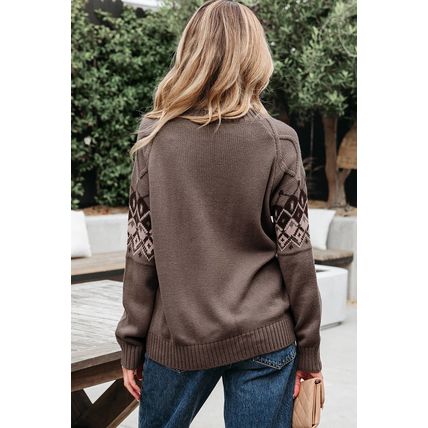 Light French Beige Western Geometric Patterned Crew Neck Knitted Sweater