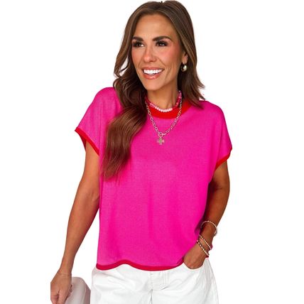 Rose Red Contrast Trim Round Neck Short Sleeve Loose Knit Sweater