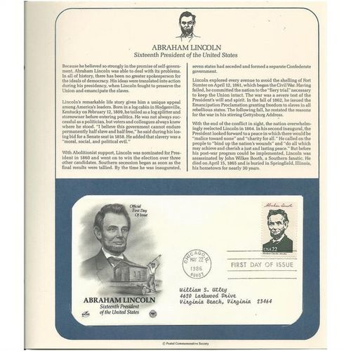 PRESIDENT series : ABRAHAM LINCOLN ' OFFICIAL FIRST DAY of ISSUE ' (1986)