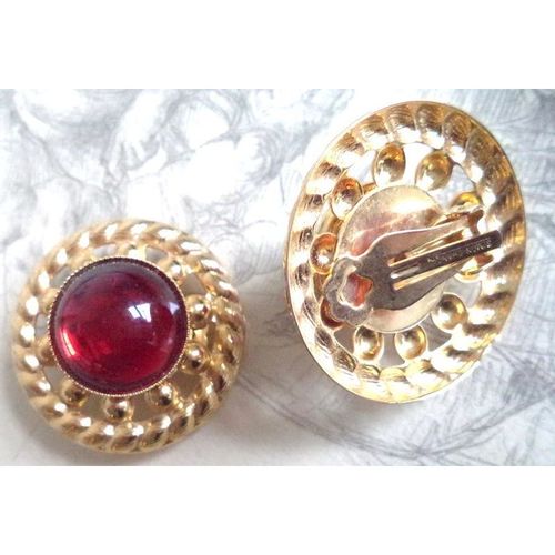 Simon Chang Gold Ruby Byzantine Revival Cabochon LARGE vintage Clip Earrings