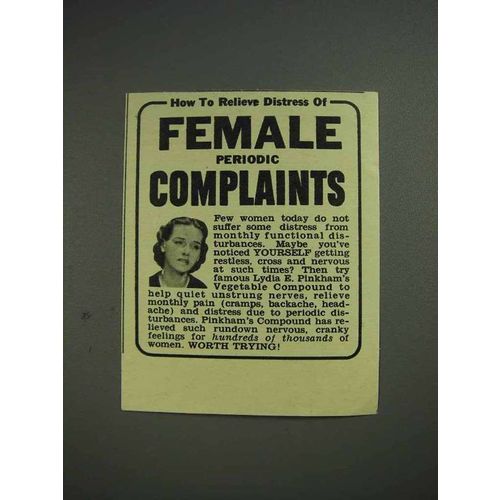 1941 Lydia E. Pinkham's Compound Ad - Female Complaints