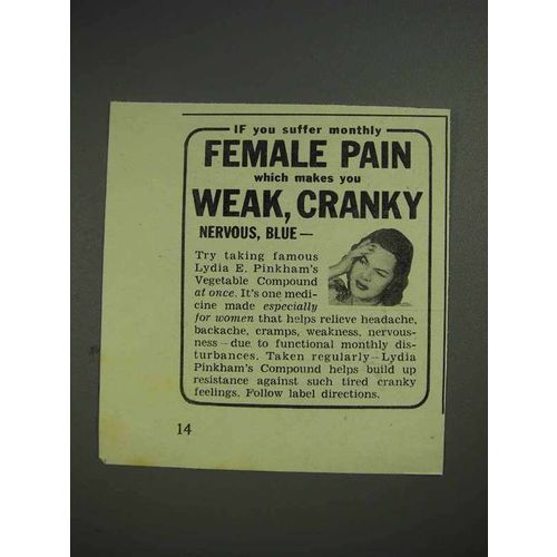 1941 Lydia E. Pinkham's Compound Ad - Female Pain