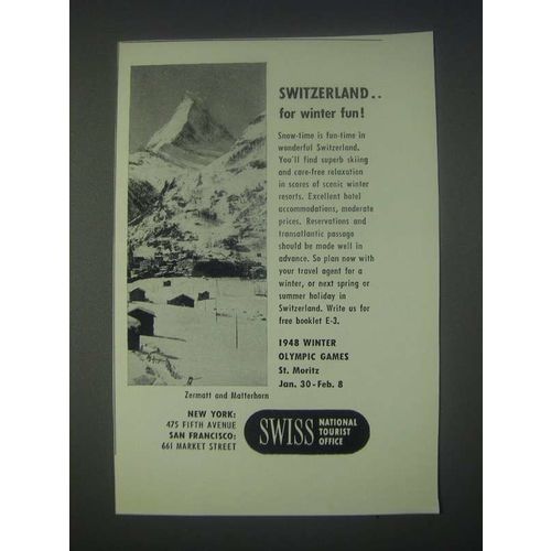 1947 Swiss National Tourist Office Ad - For Winter Fun