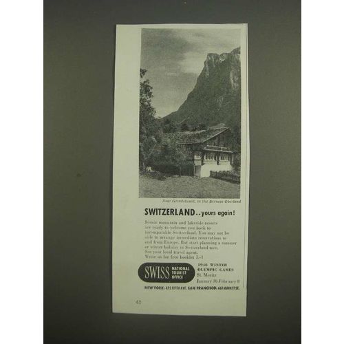 1947 Swiss National Tourist Office Ad - Switzerland yours again