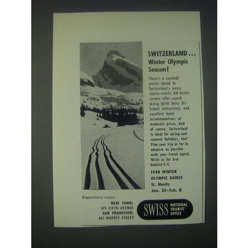 1947 Swiss National Tourist Office Ad - Winter Olympic Season
