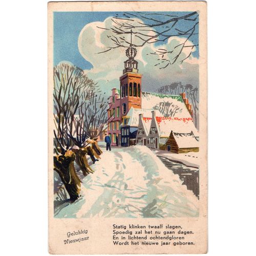 Cromolux Song Postcard Snowy Church Scene Gelukkig Nieujaar New Year