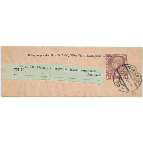 Austria 1909 Postal Wrapper to Ansbach, Germany