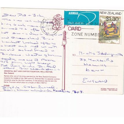 Oriental Bay and Carter Fountain Wellington New Zealand Postcard 1987 posted VGC