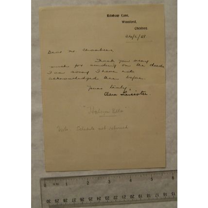 1928 letter Clara Leicester, Rilshaw Lane, Winsford