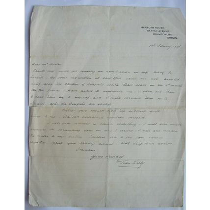1927 letter John Kelly, Benburb House, Drumcondra, Dublin