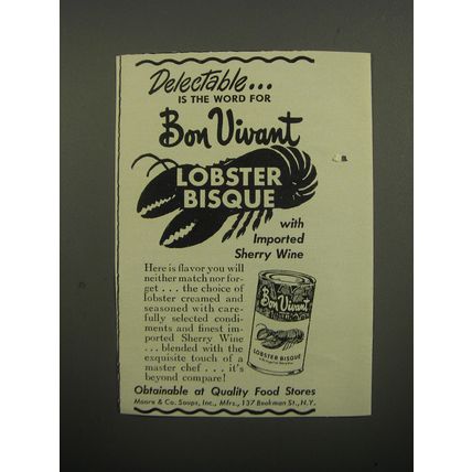 1951 Bon Vivant Lobster Bisque Ad - Delectable.. is the word for Bon Vivant
