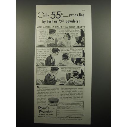 1933 Pond's Powder Ad - Only 55¢ yet as fine by test as $3.00 powders
