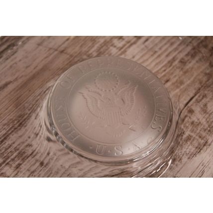 VTG Large Ashtray MCM USA Glass Etched Seal 10"Collectors Gift Political Symbol