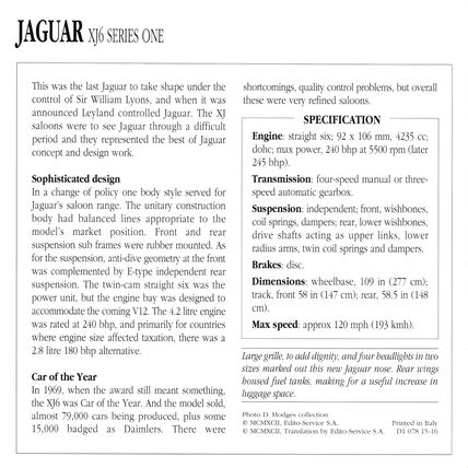 Collectors Club card. Classic Cars. Jaguar XJ6 Series One