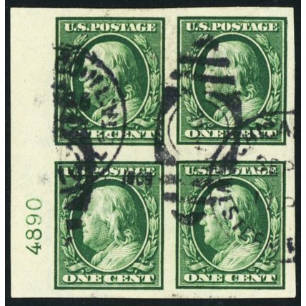 343, Used 1¢ Superb Block of Four With PL# * Stuart Katz