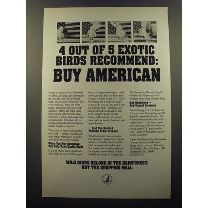 1992 Defenders of Wildlife Ad - 4 out of 5 exotic birds recommend: Buy American