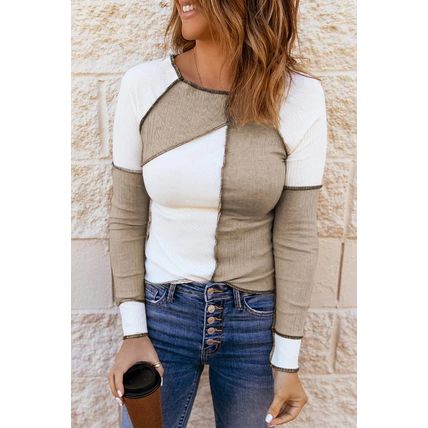 White Irregular Color Block Seaming Trim Rib Knit Top