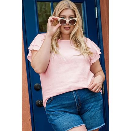 Light Pink Plus Size Crinkle Textured Ruffle Sleeve Top