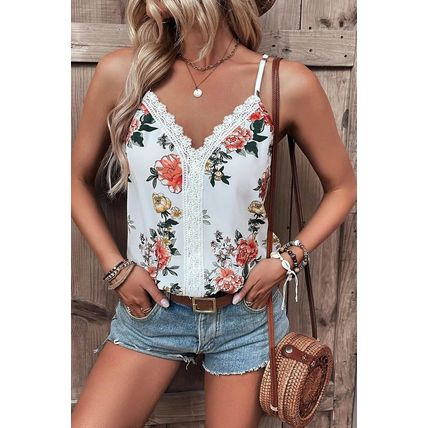 White Floral Print Lace V Neck Tank Top