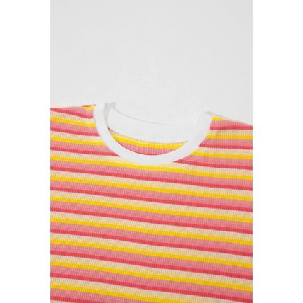 Yellow Stripe Rainbow Tee Tasseled String Wide Leg Pants Set