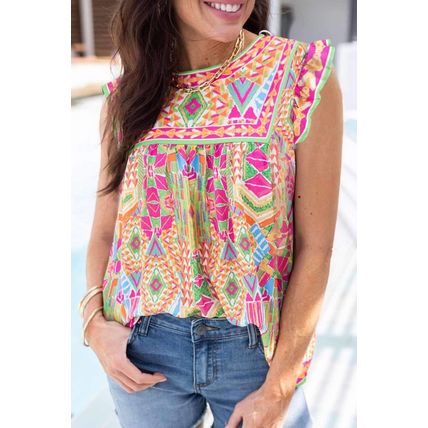 Orange Geometric Print Ruffled Trim Tank Top