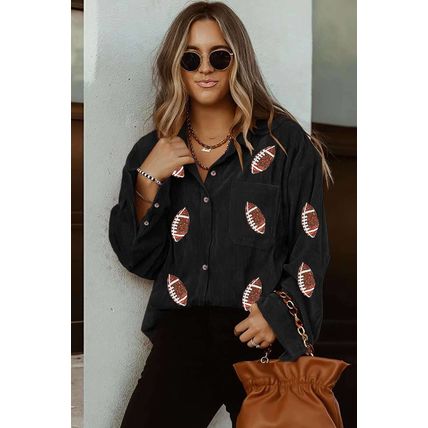 Black Sequin Rugby Pattern Buttoned Corduroy Shacket