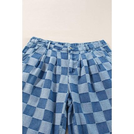Dusk Blue Plus Size Checkered Seamed High Waist Wide Leg Jeans