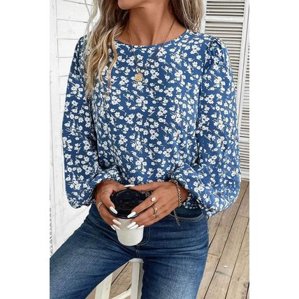 Blue Ditsy Floral Print Lantern Sleeve Blouse