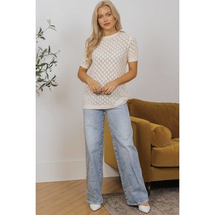 Beige Hollow Out Crochet O Neck Short Sleeve Sweater Tee