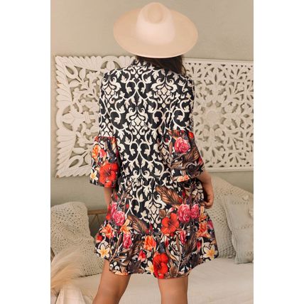 Black Retro Floral Mixed Print Split Neck A-line Dress
