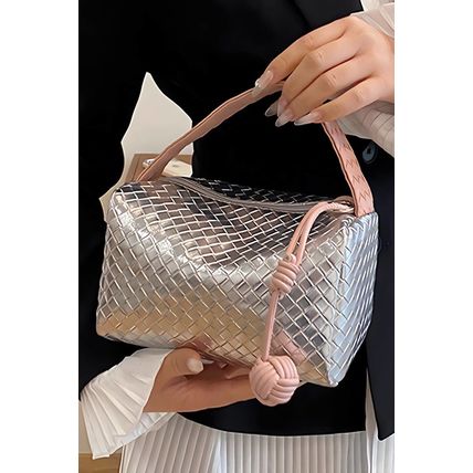 Silvery Lattice Texture Corded Ball Decor Weaven Handle Cosmetic Bag