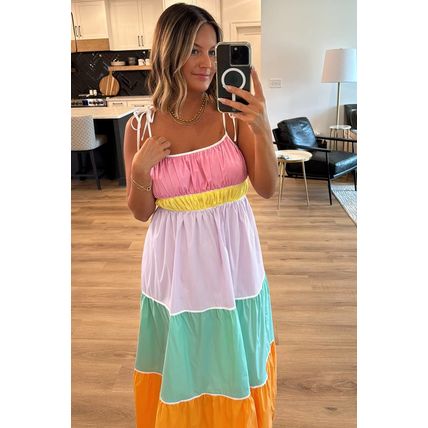 Multicolour Colorblock Self-tie Straps High Waist Flowy Maxi Dress with Pockets