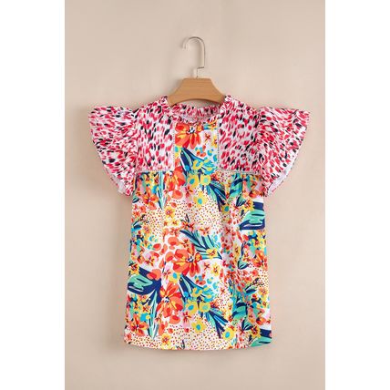 Red Floral Mixed Print Ruffle Cap Sleeve Blouse