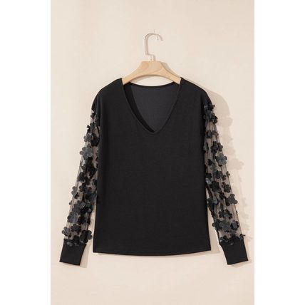 Black Flower Applique Mesh Long Sleeve V Neck Blouse