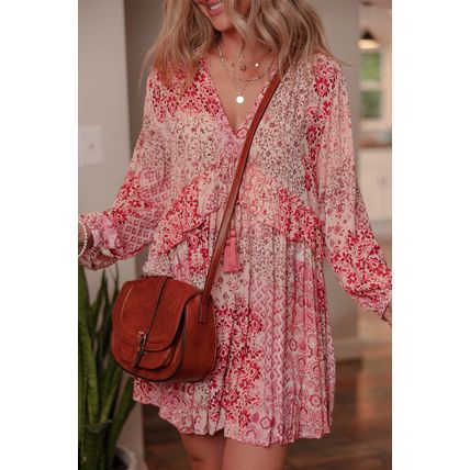Pink Bohemian Floral Print Tassel Tie Long Sleeve Flowy Mini Dress
