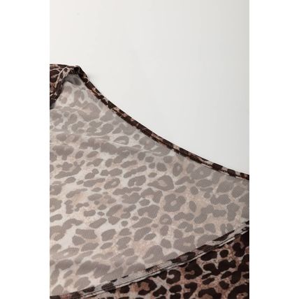 Multicolour Leopard Sheer Mesh Long Sleeve V Neck Lace-up Blouse
